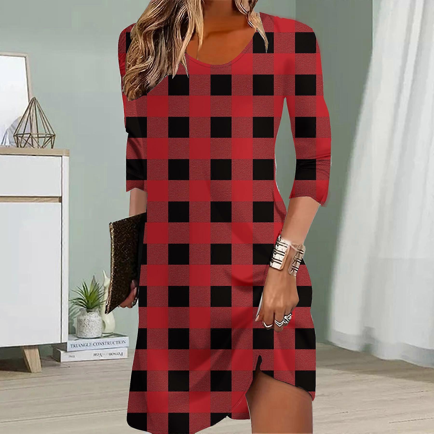 Femmes Robe Décontractée Automne Petits Carrés Imprimer Robes Pour Femmes O-cou À Manches Courtes Robe Plus La Taille