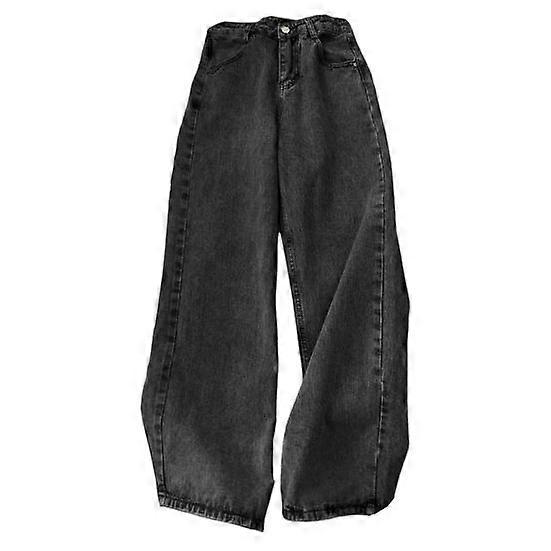 Women Jeans Straight Wide Leg High Waist Solid Color Loose Pockets Button Zipper Closure Retro Floor Length Streetwear Long Trousers