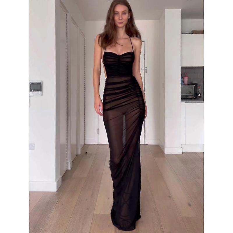 Women's See-Through High Split Backless Halter Dresses