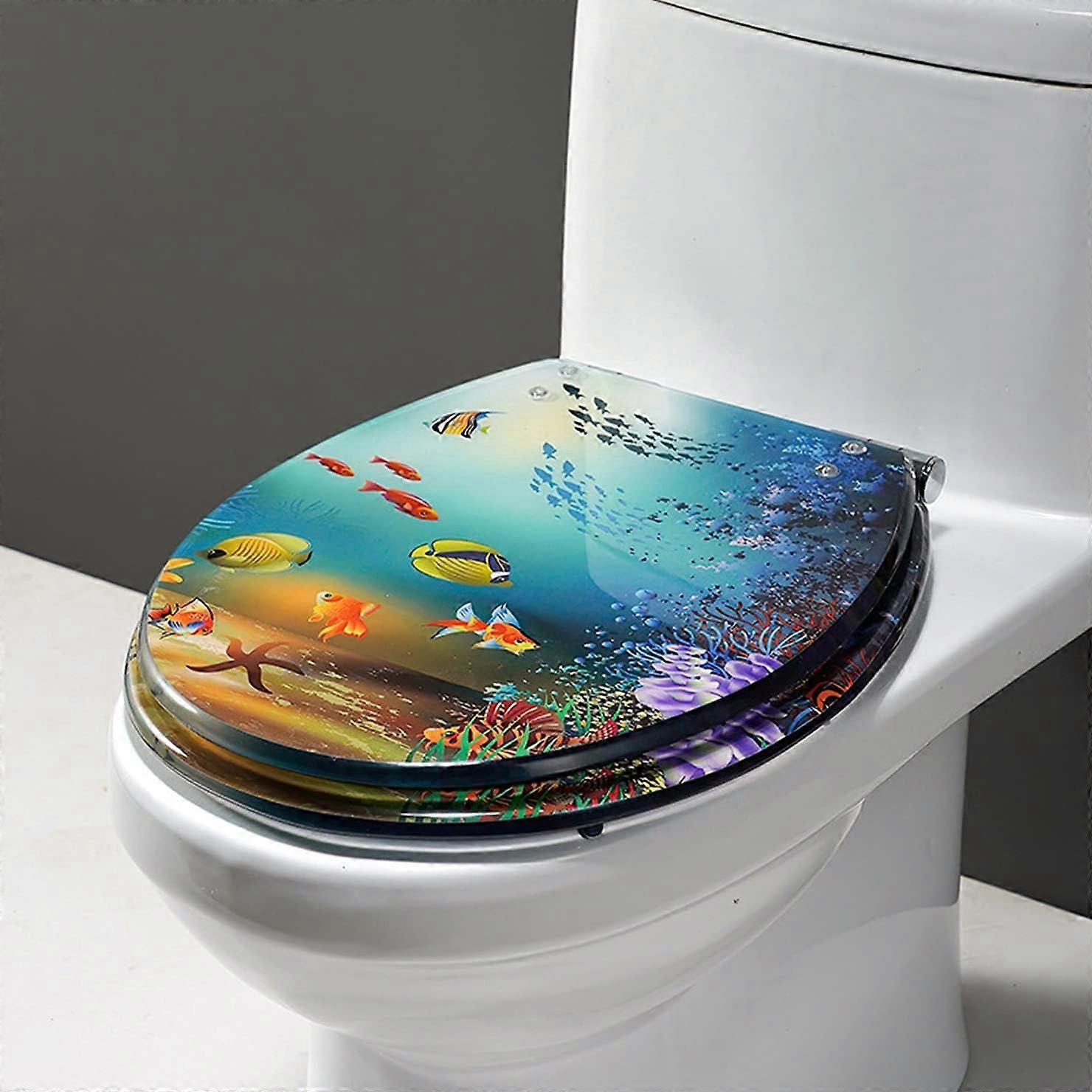 Resin Toilet Seat Ocean Series Oval Silent Slow-Close Quick Release Thick Lid Adjustable Top-Fix Hinges Easy Clean