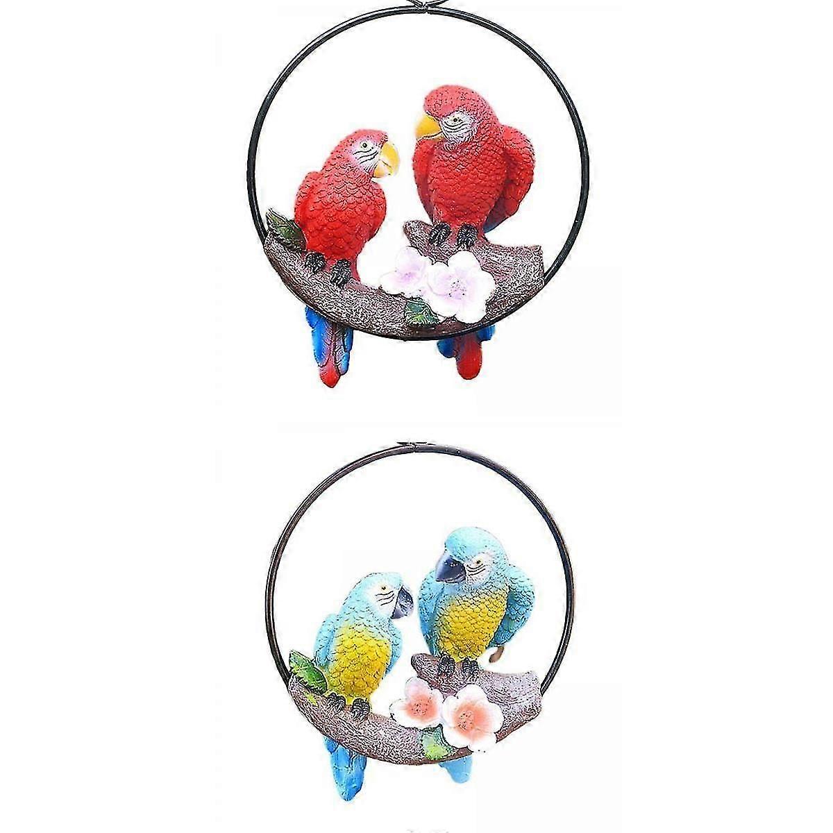 2 Pieces Resin Parrot Bird in Rings Birds Figurine Statue Yard Garden Decor