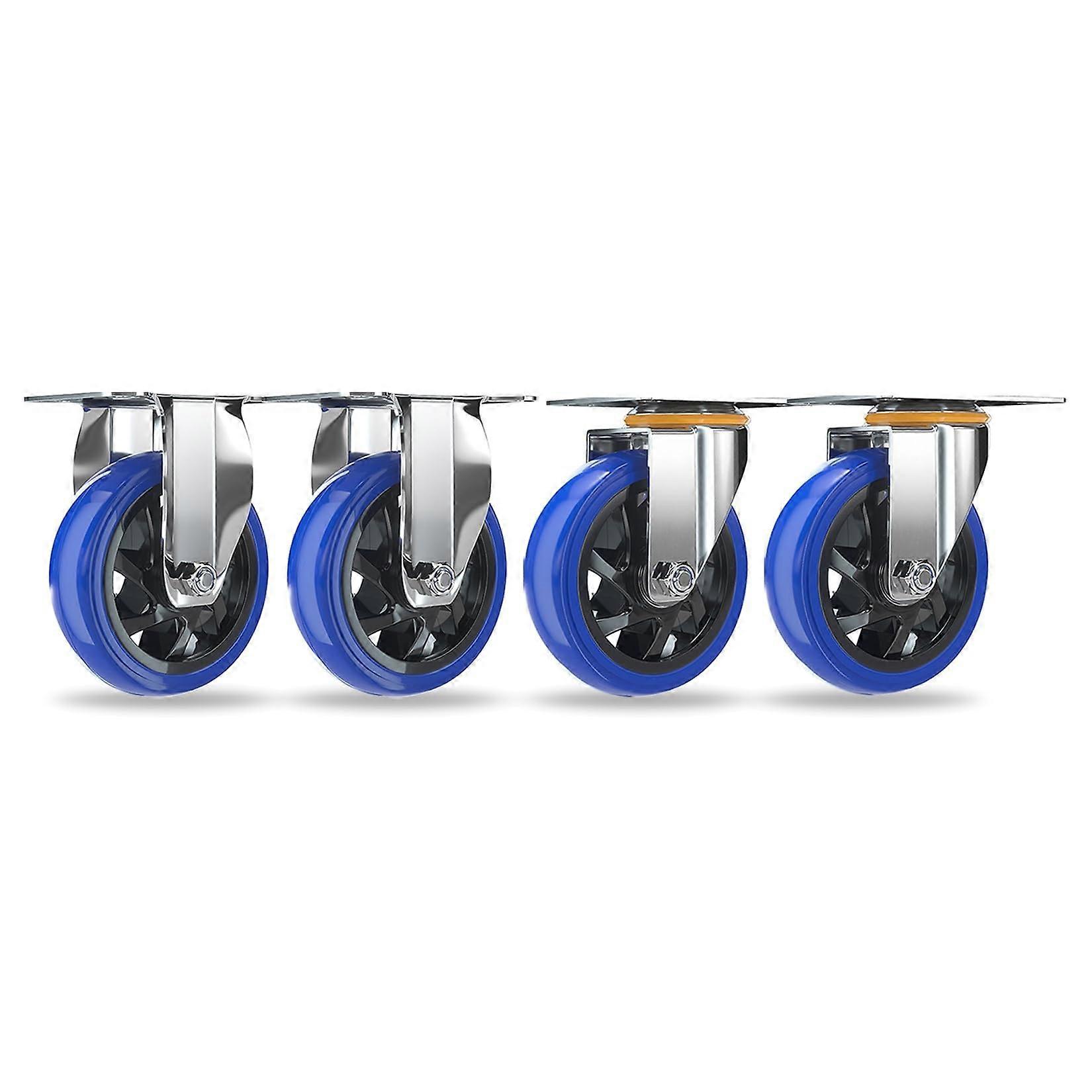 Industrial Casters with Plate 5 Inch Set of 4, Polyurethane Wheel (Fixed Swivel)