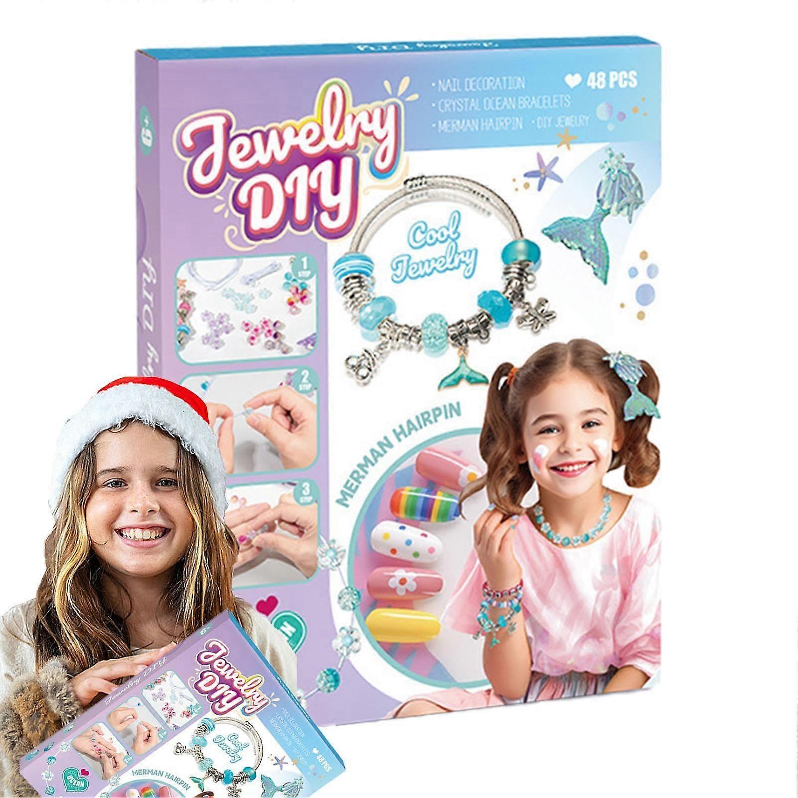 Charm Bracelet Making Kit for Kids, Mermaid Bead Set, Handmade Jewelry Craft, Safe Materials, Blue Color