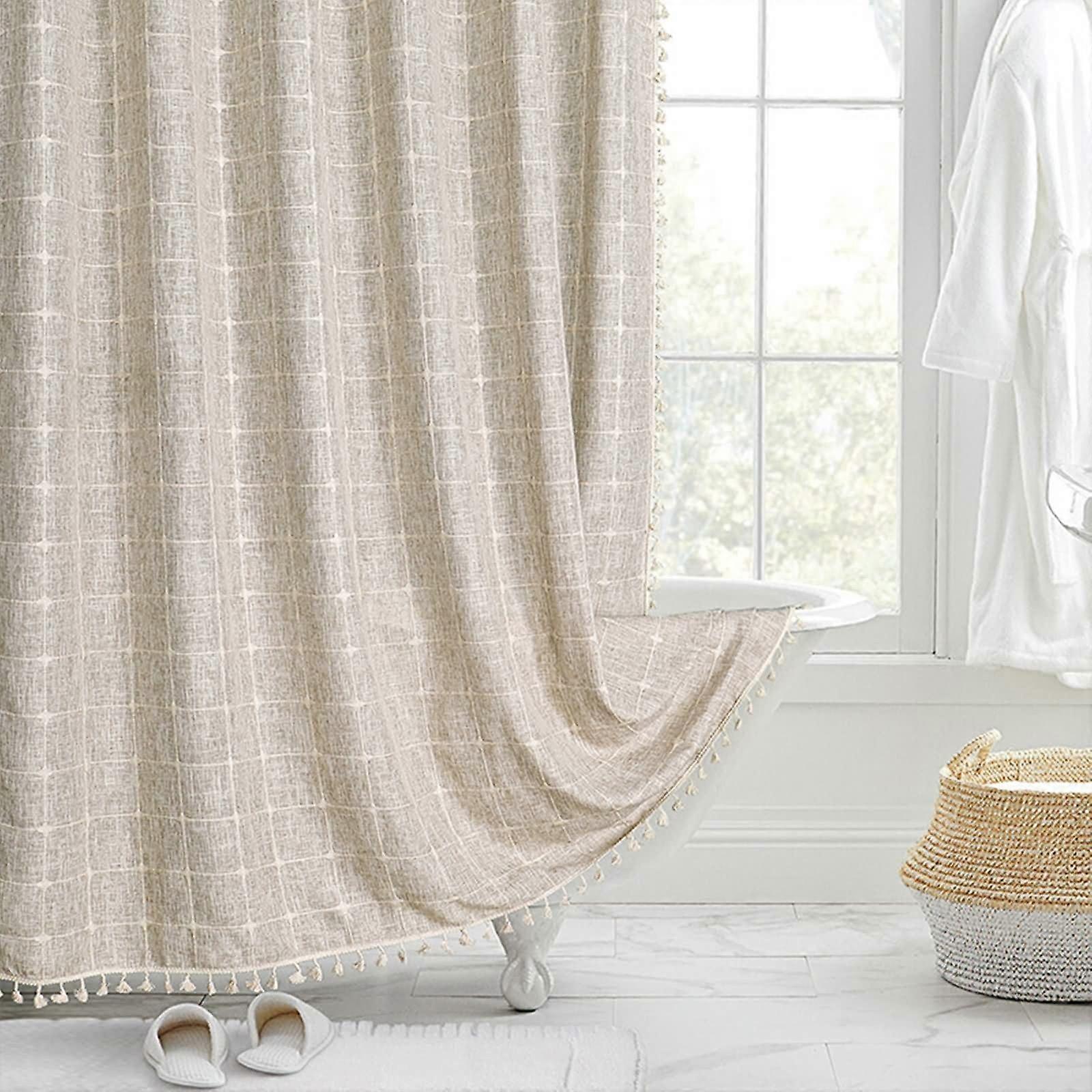 Beige Shower Curtain with Eyelets, 90x180 cm, Plain Linen Design, Includes Plastic Rings and Tassel Details