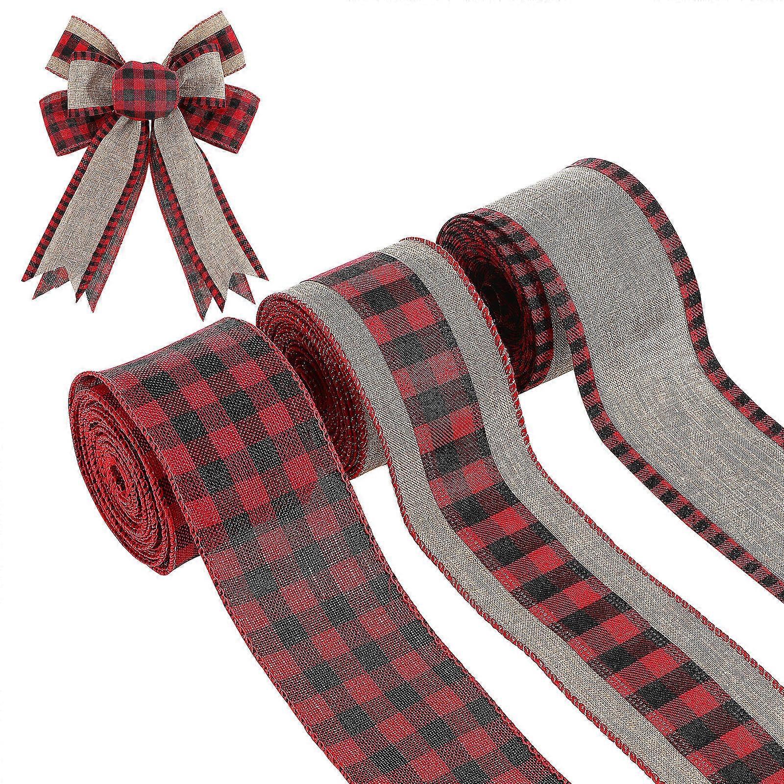 3 Rolls Christmas Burlap Ribbon Wide Buffalo Plaid Decorative Webbing for Holiday Crafts, Garland, Bows, Wrapping, and DIY Projects
