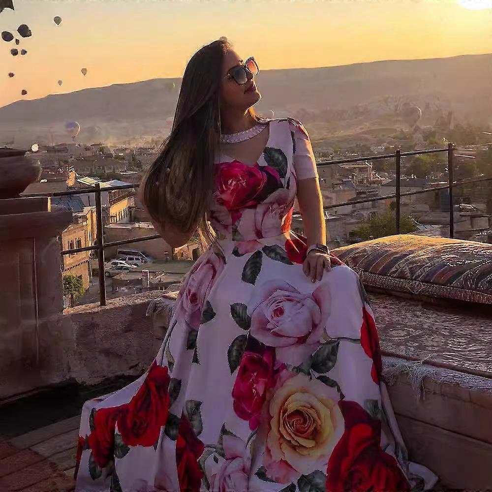 Women's Summer Rose Printed Swing Beaded Patchwork Short Sleeve Dresses