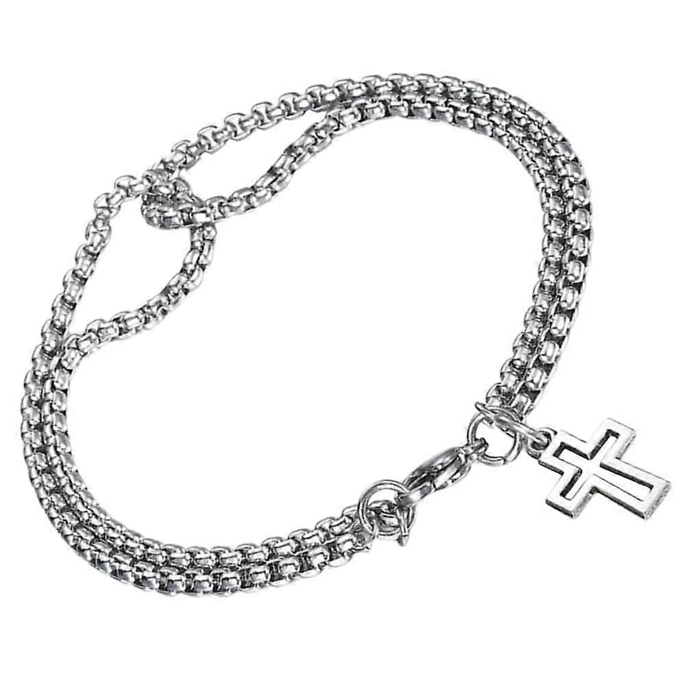 Cross Charm Men bracelet in Stainless Steel Silver Color with Double Chain Design for Everyday Wear