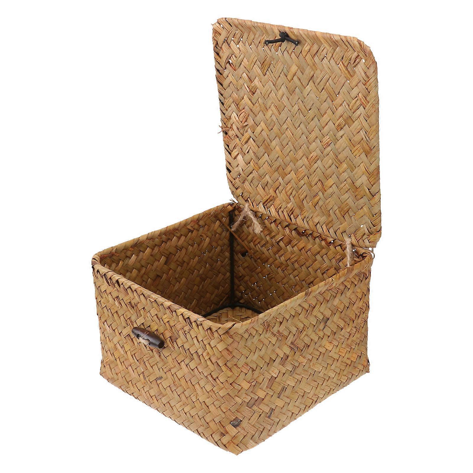 Straw Plaited Square Tea Box Storage Holder with Cover for Home 1 Set Orange Large Size