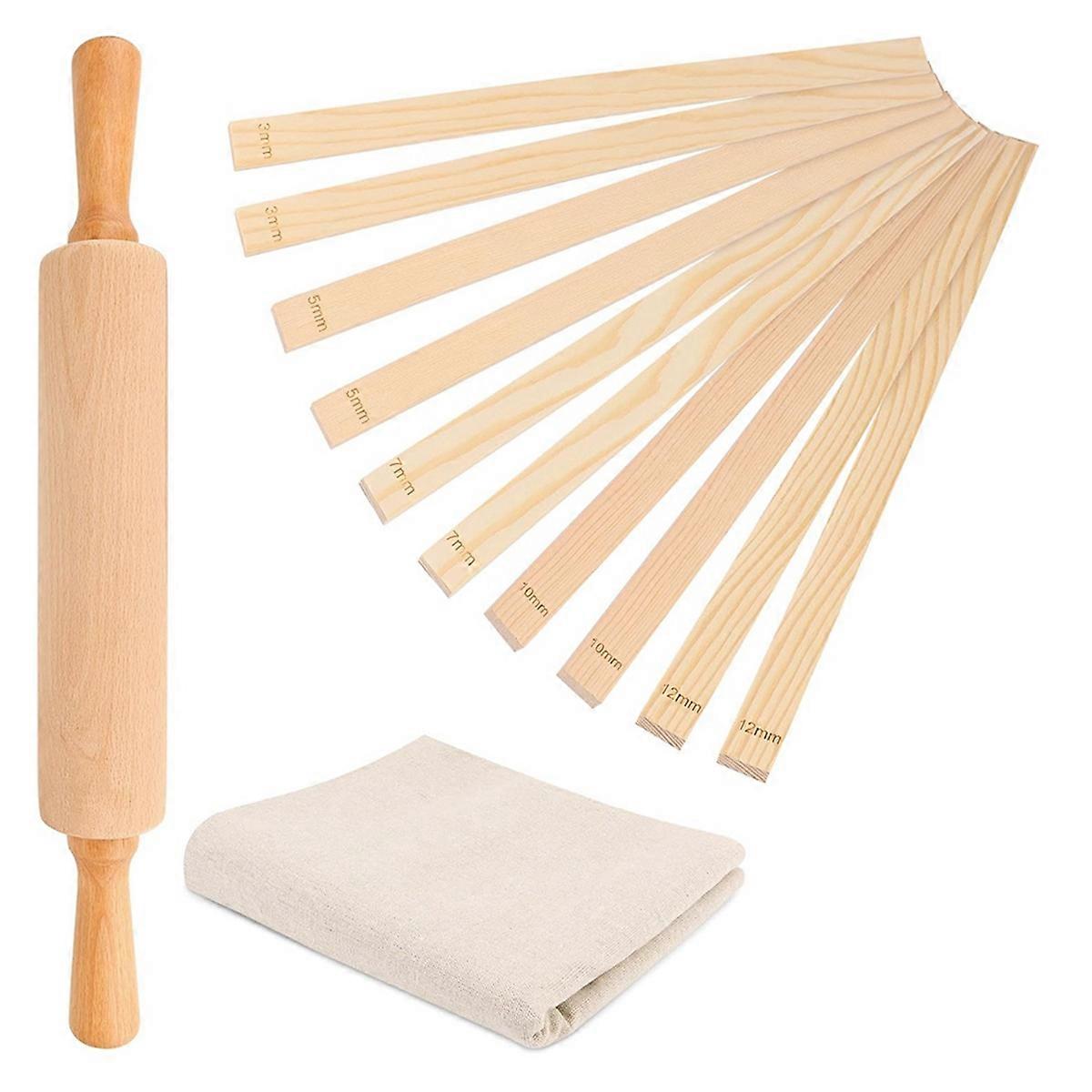 12 Pcs Pottery Tools Teaching Set, Include 17inch Slab Roller 10 Pcs Wooden Rolling Pin Guides 1 Linen Tablecloth