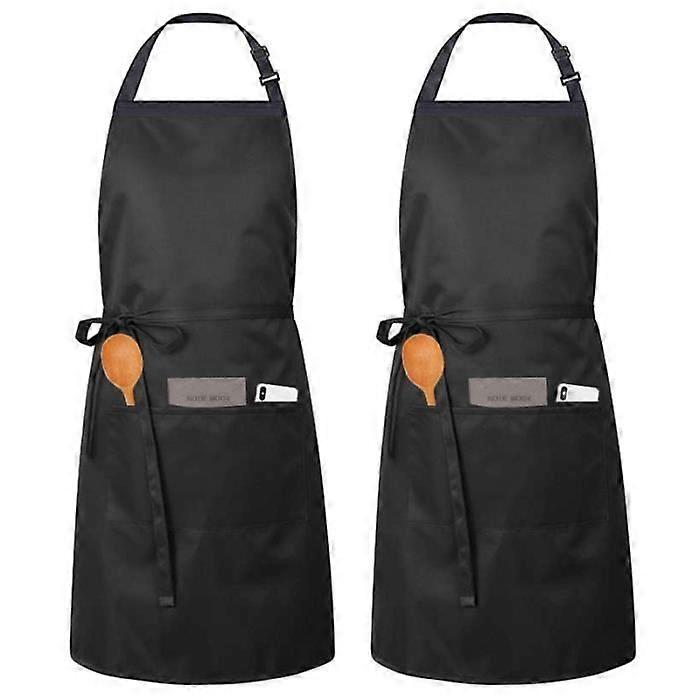 Set of 2 Adjustable Kitchen Aprons with 3 Pockets Solid Color Black