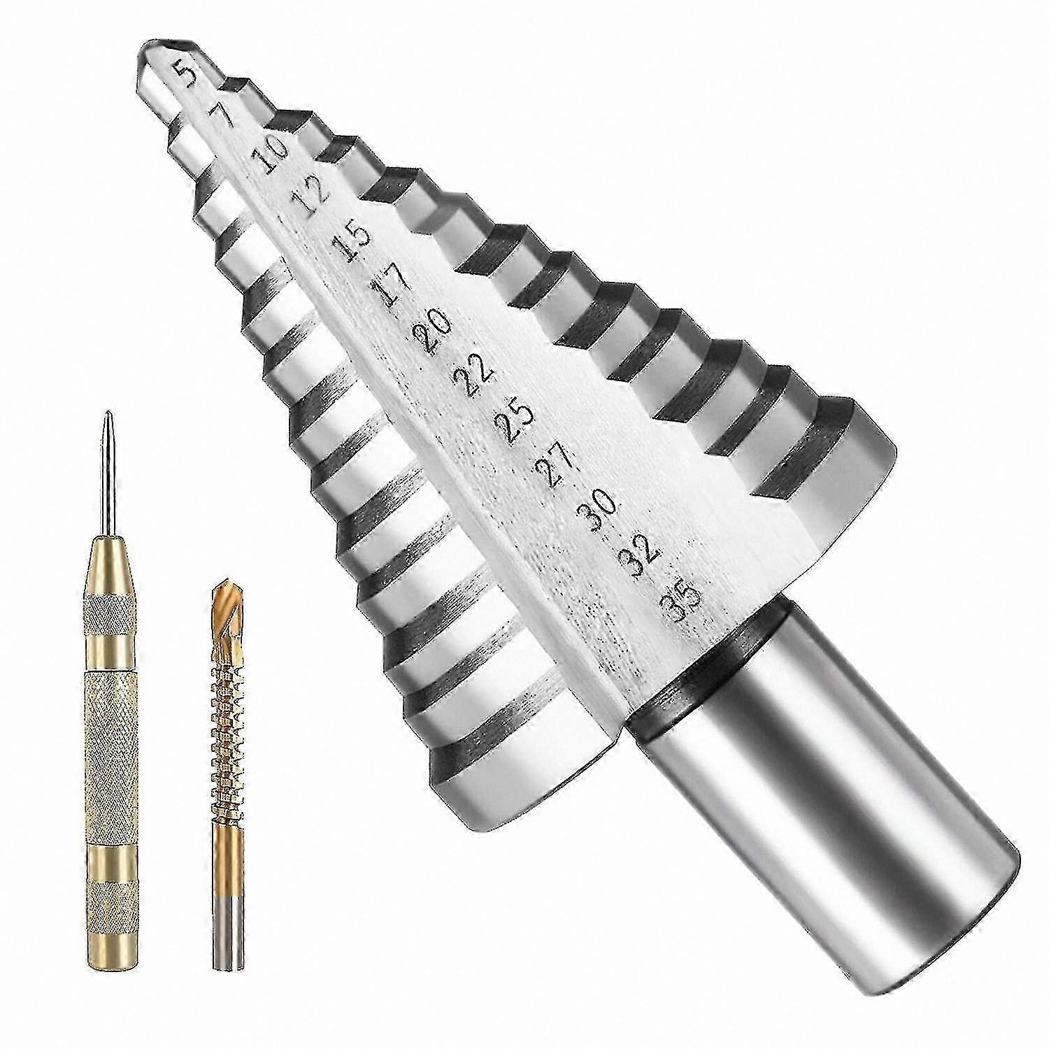 Titanium Coated Step Drill Bit Set (5mm-35mm) with Automatic Center Punch and Torsion Bit for Metal, Wood, Plastic Applications