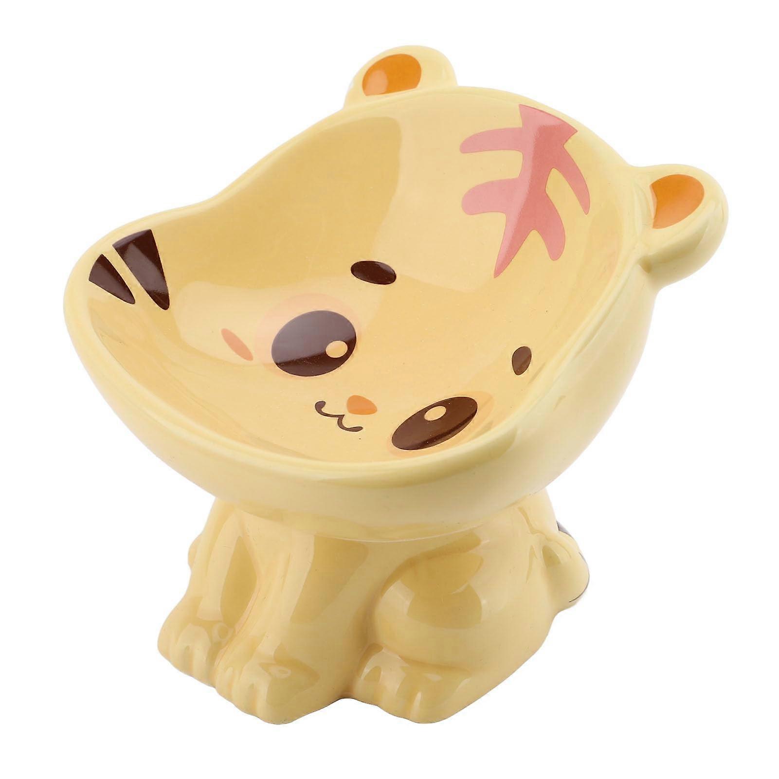 Ceramic Cat Food Bowl with Tiger Print, Tilted Design for Easy Eating, Durable Stoneware