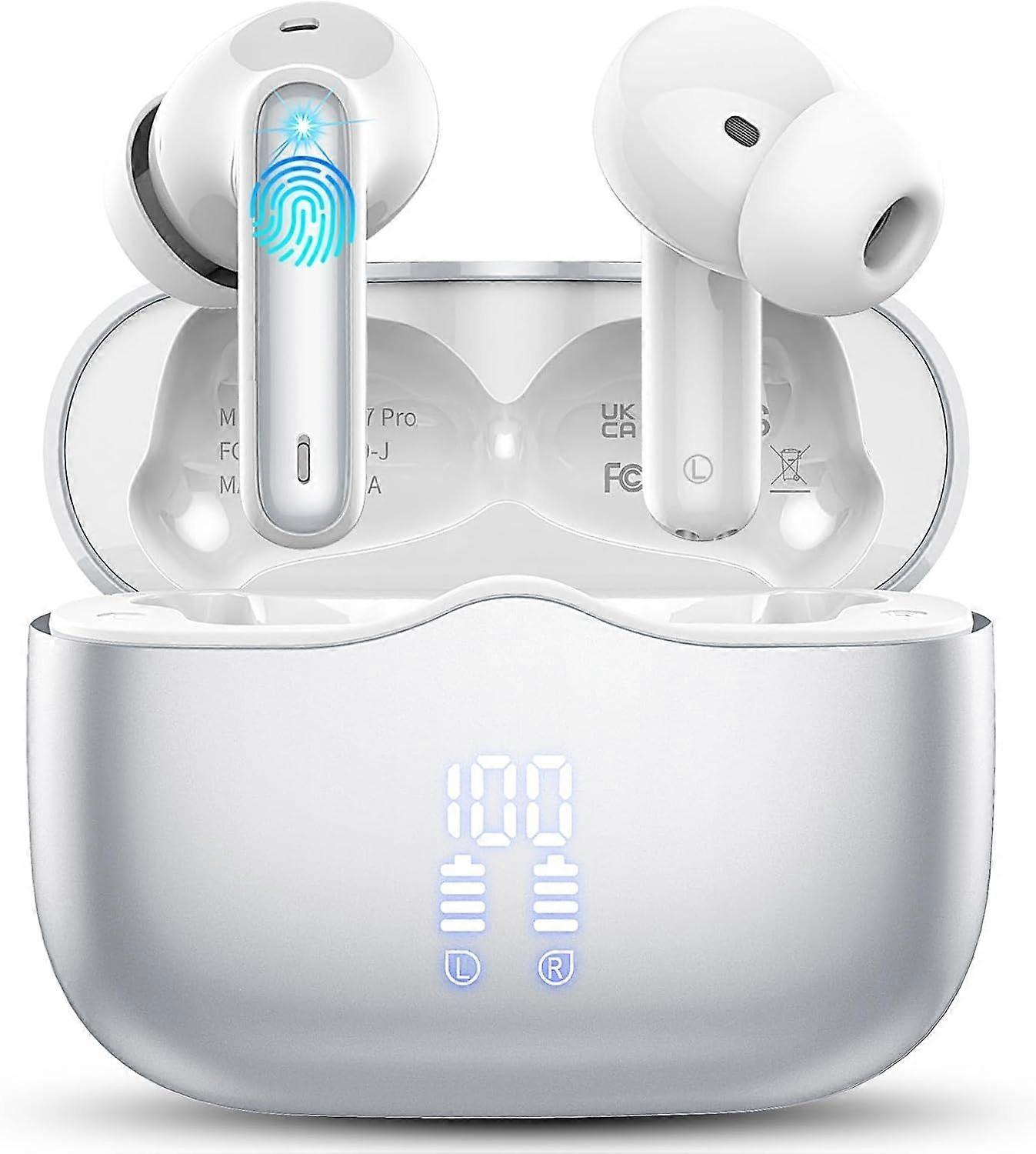 Wireless Bluetooth 5.3 earbuds with ENC mic HiFi stereo sound IP7 waterproof dual LED display USB-C charging for gym and office use(White)
