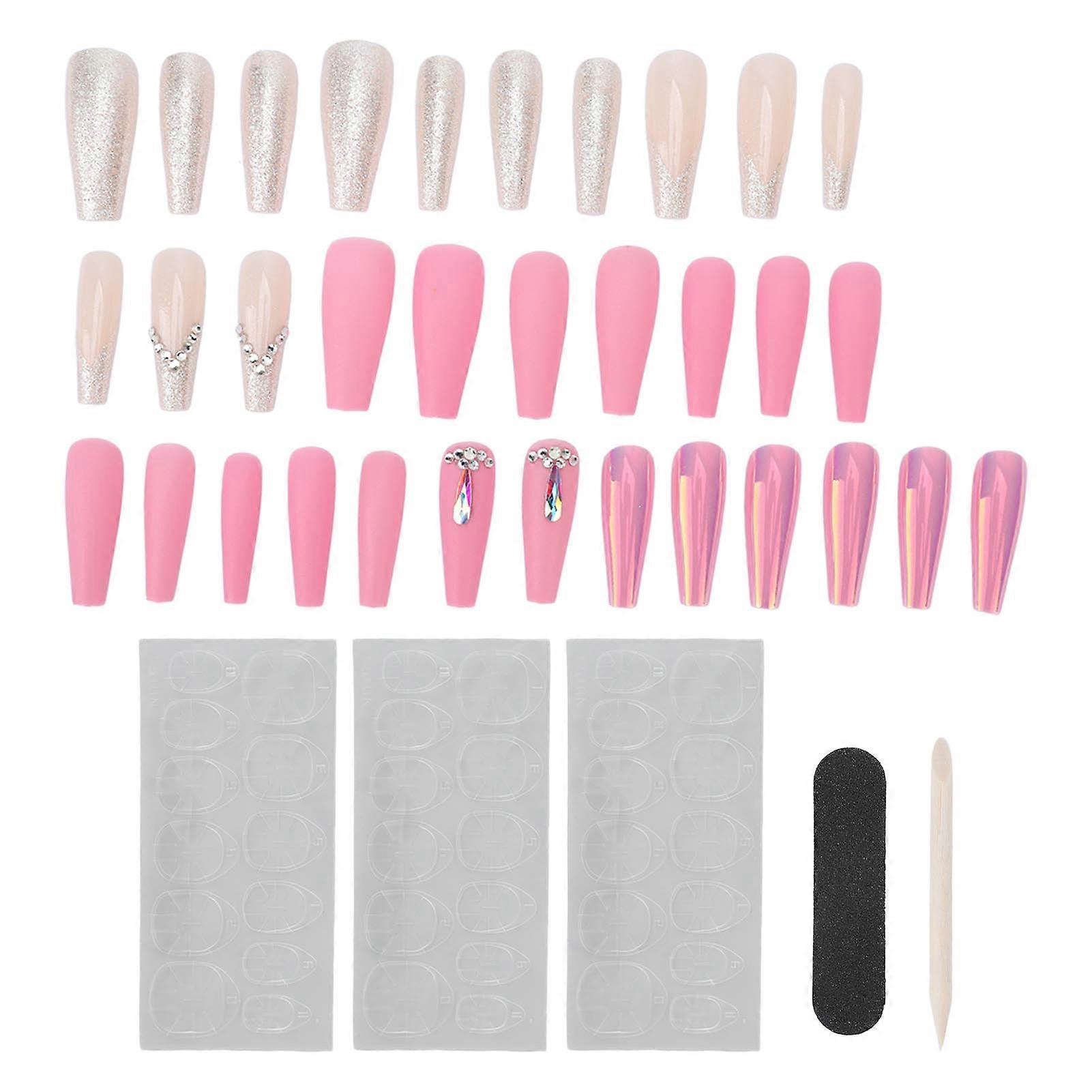 Lot de 30 faux ongles longs pour femmes et filles, uniques, brillants et délicats, avec strass, pour une soirée entre amis.
