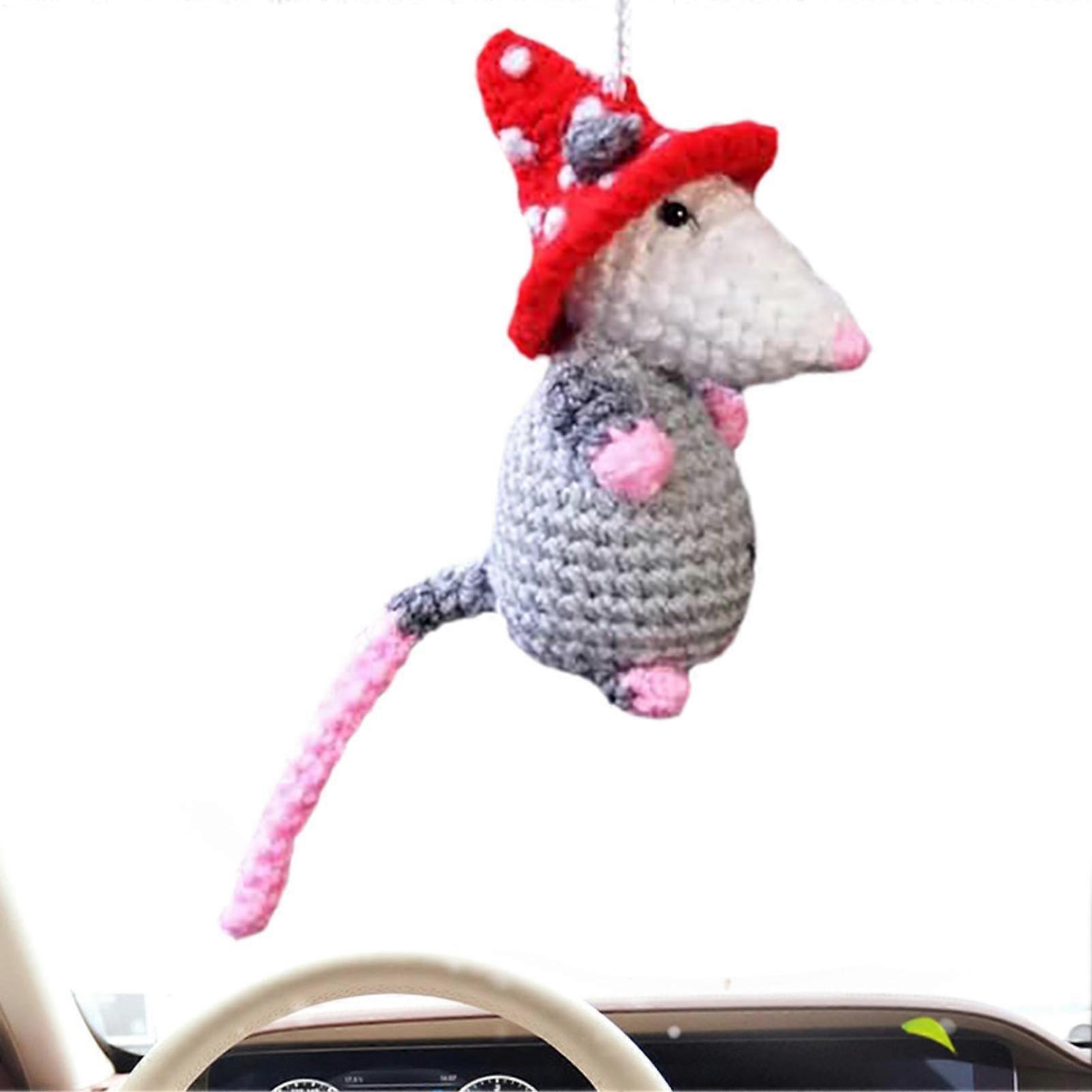 Knit Opossum Car Ornament Decoration, Rearview Mirror Hangable Charm, Auto Decor, Cotton Yarn Plush