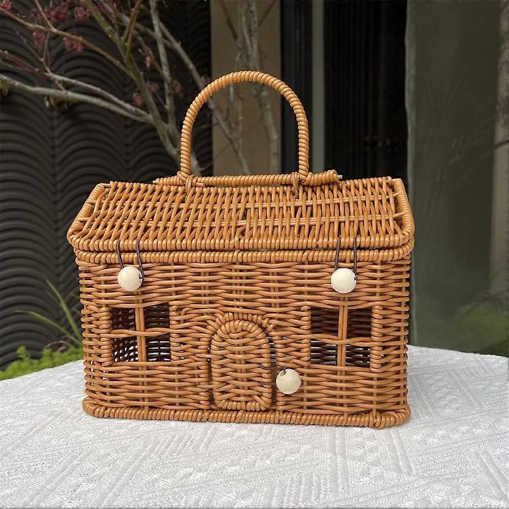 Rattan House Shape Storage Basket With Lid Small Doll House Hand Woven Shelf Organizer With Handle Natural Color Wicker