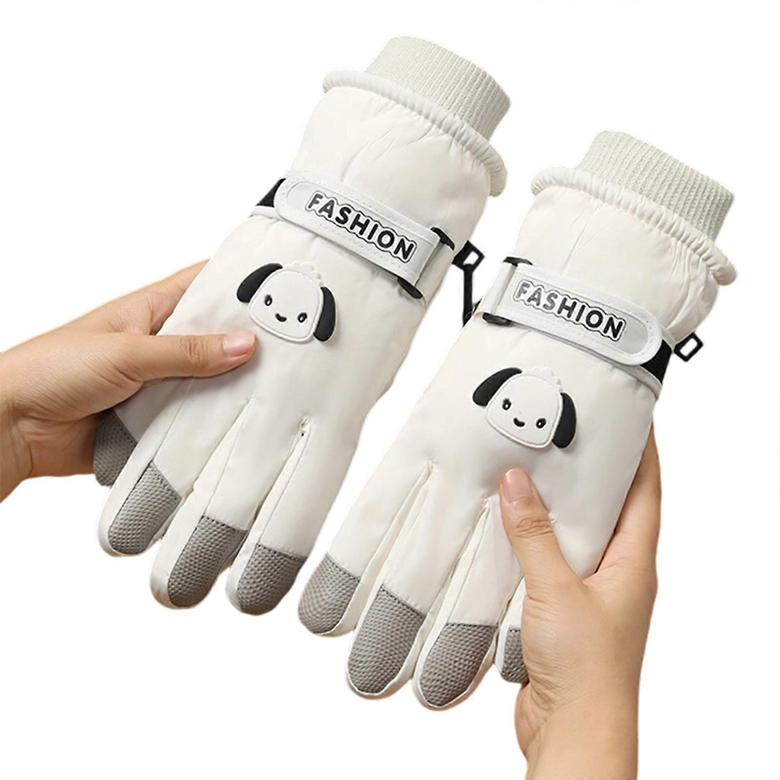Waterproof Ski Gloves with Screen Touch Feature AntiSkid Plush Lined Dog Pattern Cold Weather Gloves for Outdoor Activity  White