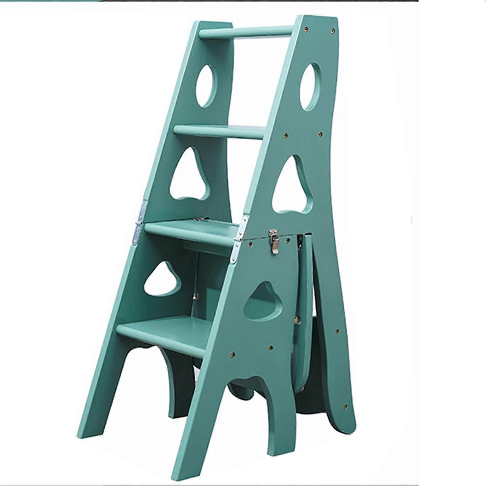 Light Gray Green Wooden Folding Library Ladder Chair Step Stool Shelf for Home Storage 331lbs