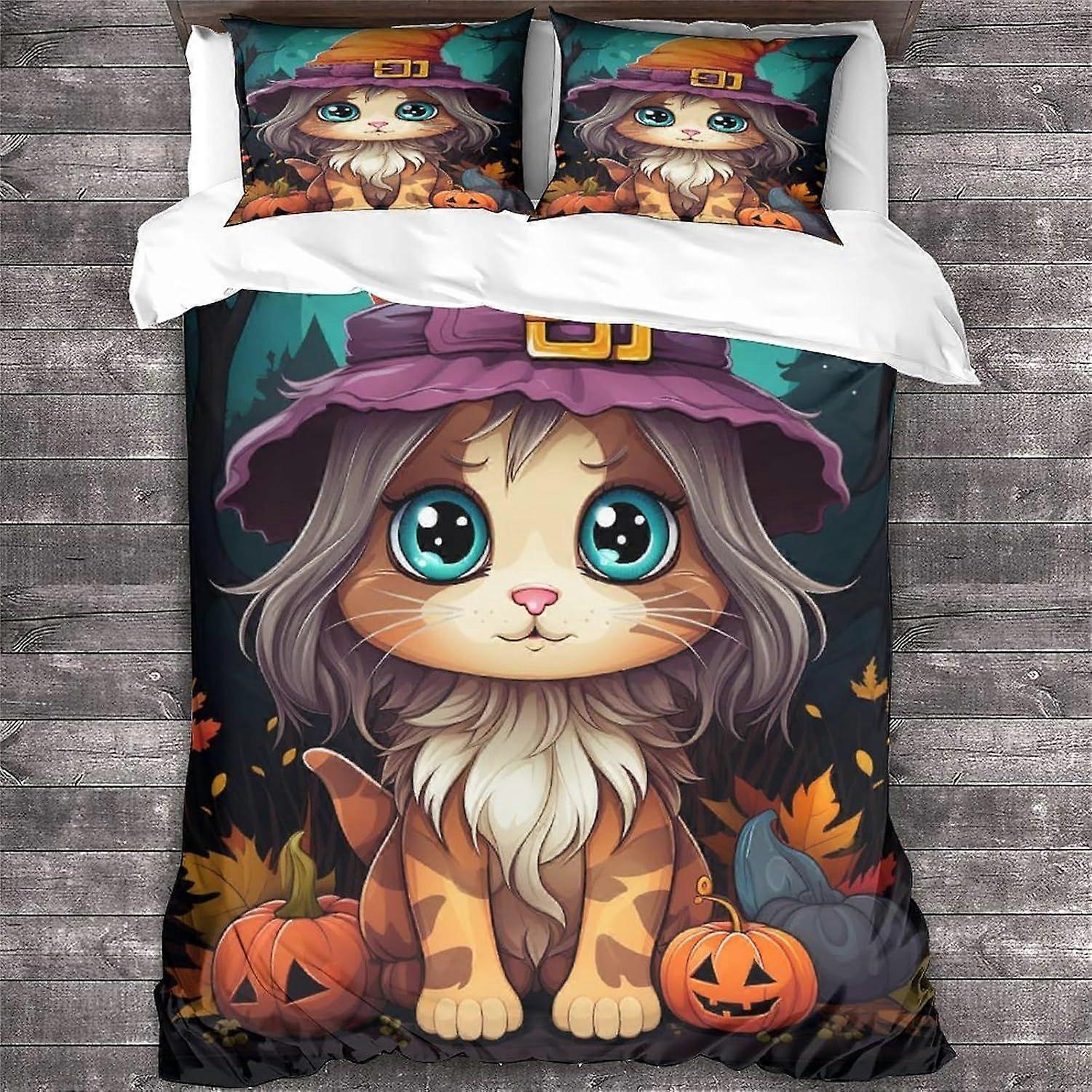 LikeEj مجموعة الفراش القط هالوين غطاء لحاف موضوع غطاء لحاف ستوكات تنفس غطاء المعزي الملك