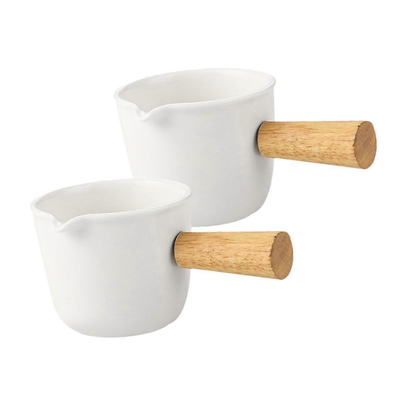 2 Pack Ceramic Milk Frothing Pitcher with Wooden Handle, Mini Creamer Jug for Coffee, Sauce and Syrup