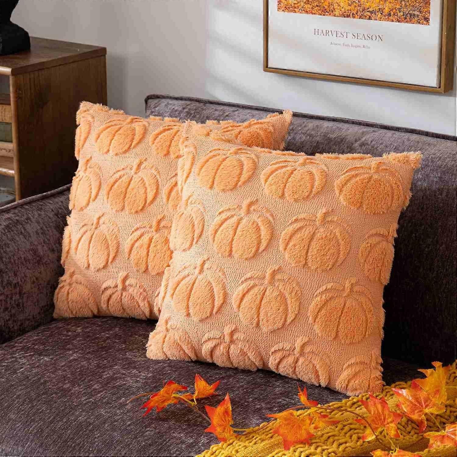 Fall Pillow Covers 18x18 Set of 2 Fall Decorations Thanksgiving Autumn Pumpkin Throw Pillow Cases Soft Plush Faux Fur Wool Couch C