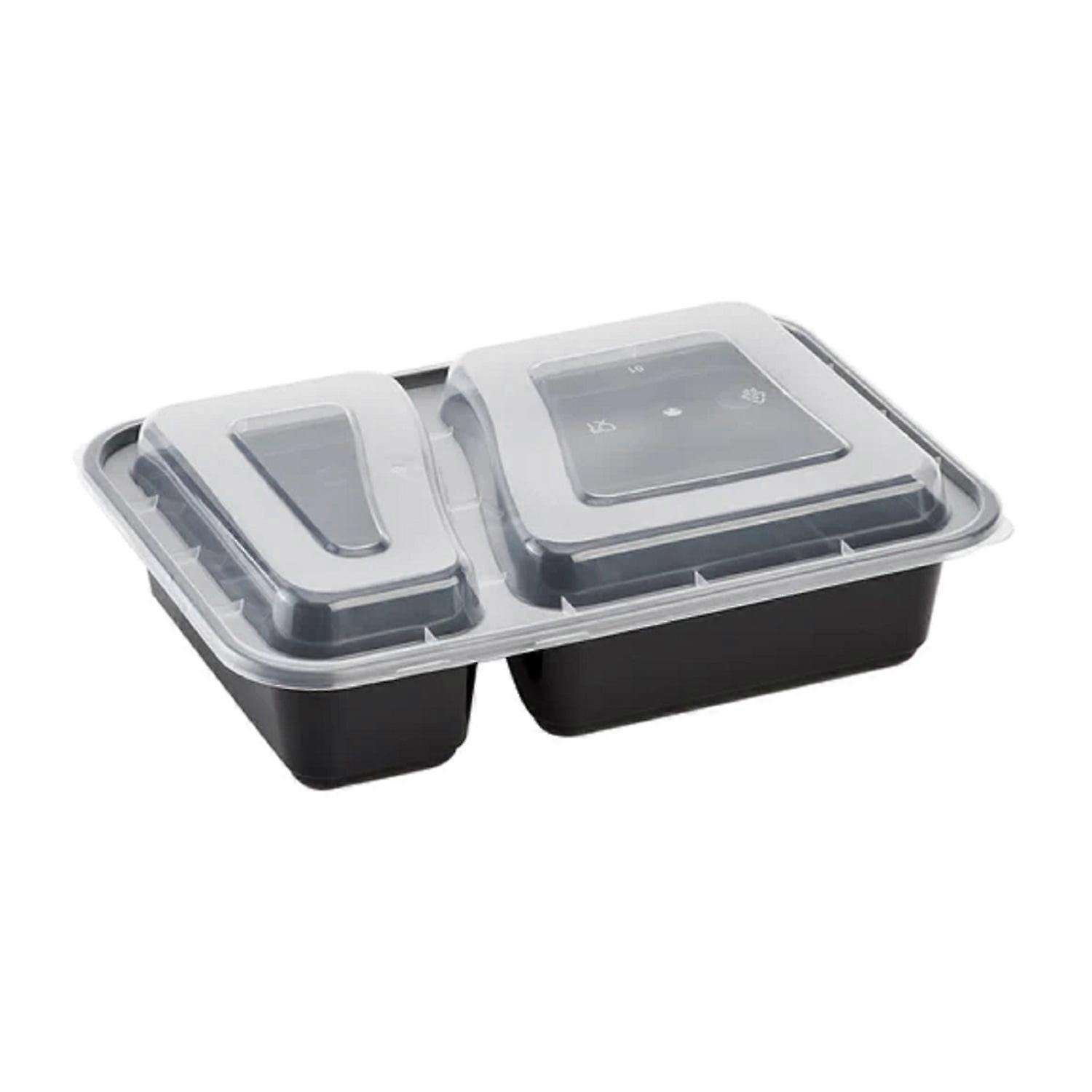 VeZee 30 Oz Black Rectangular 2-Compartment Plastic Meal Prep Containers with Clear Dome Lids, BPA Free, Stackable, Microwave/Dishwasher/Freezer