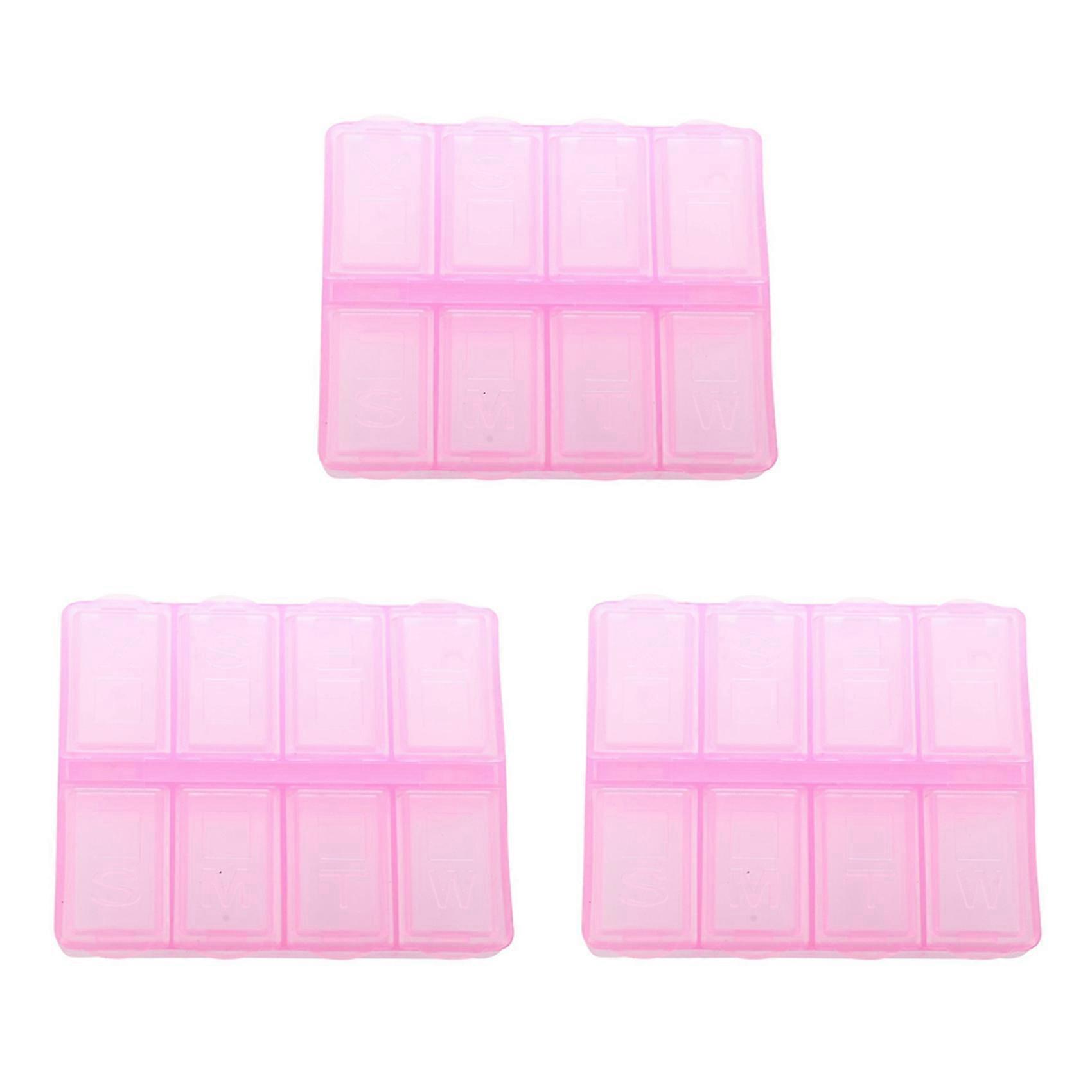 3X Plastic Rectangle 8 Compartments 7 Days Medicine Pill Box Pink