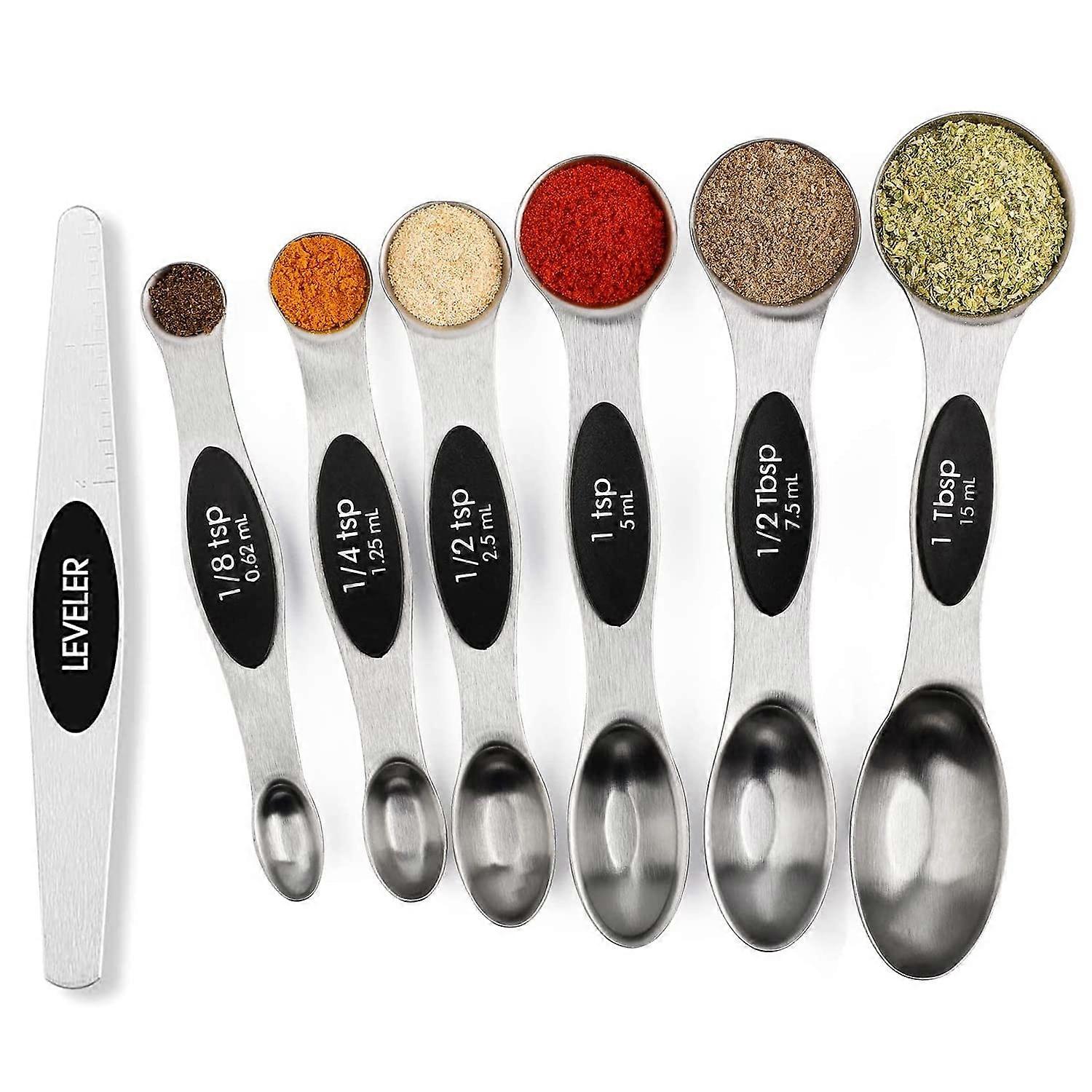 Magnetic Measuring Spoons Set Stainless Steel with Leveler, DualEnded Stackable for Spice Jars