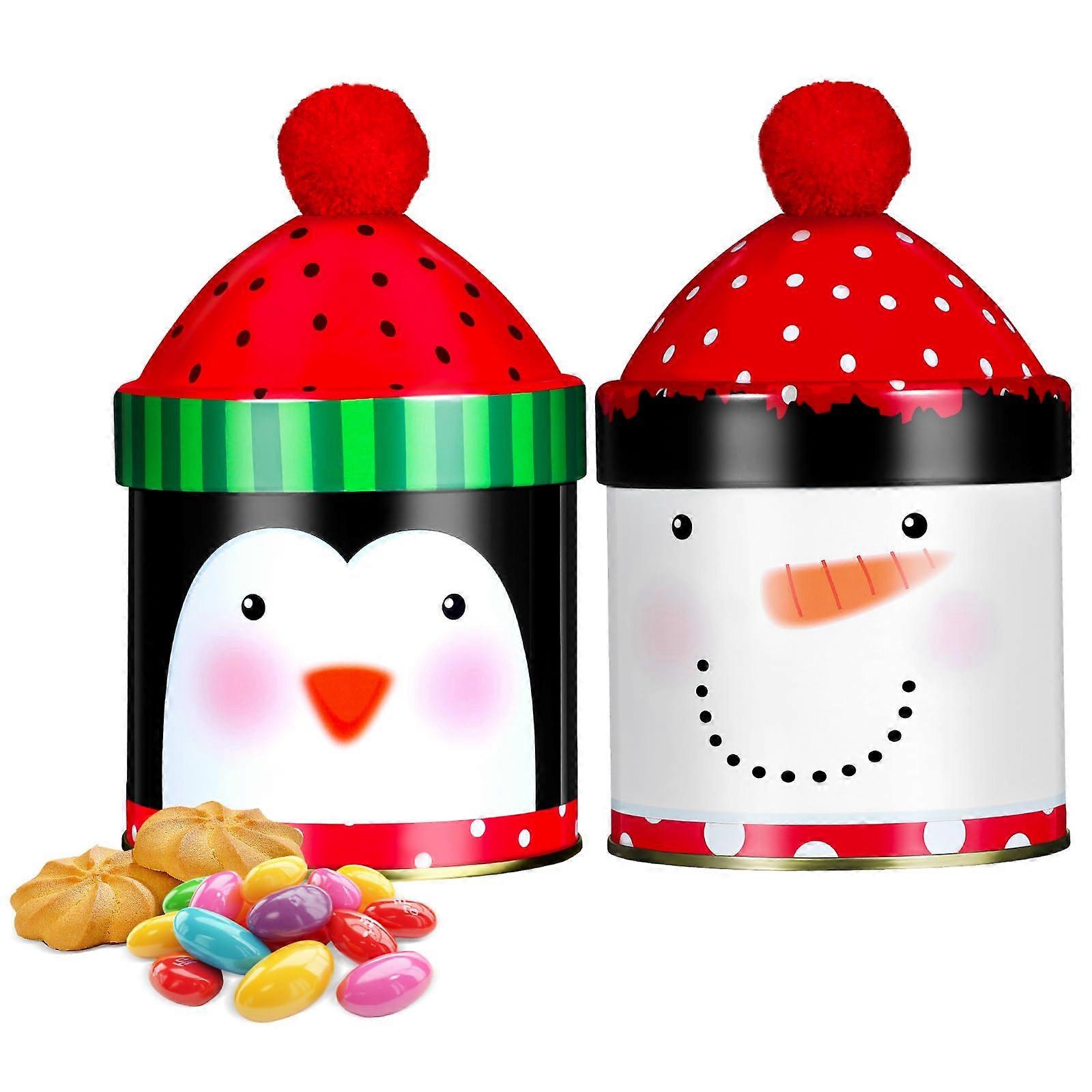 2pcs Christmas Cookie Tins with Penguin Snowman Design and Red Pom Lid Holiday  Storage