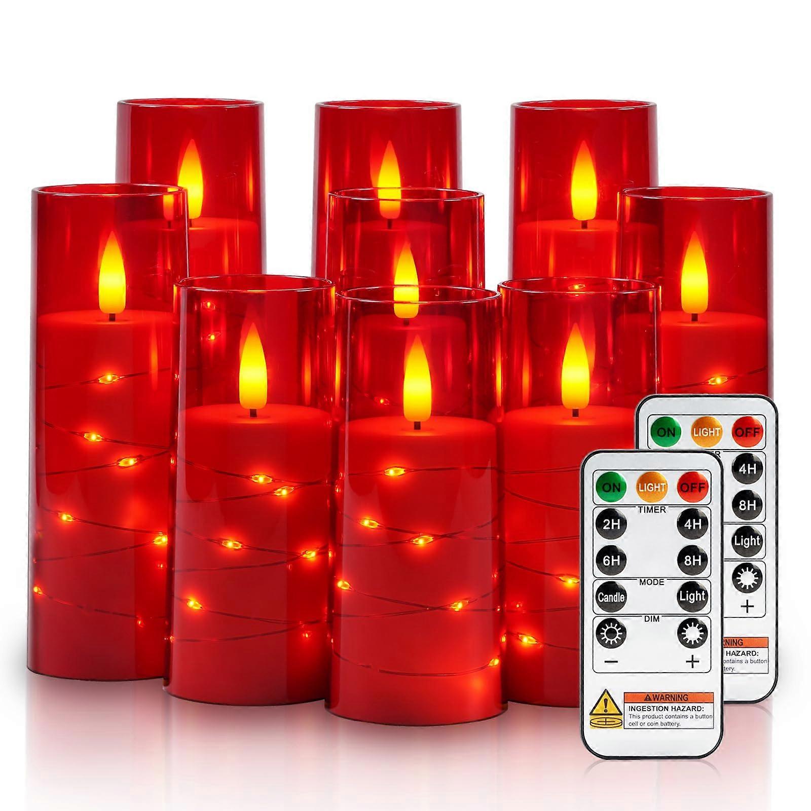 Flameless LED Pillar Candles with Remote Timer and Star String Lights, 9pcs Red Flickering Set