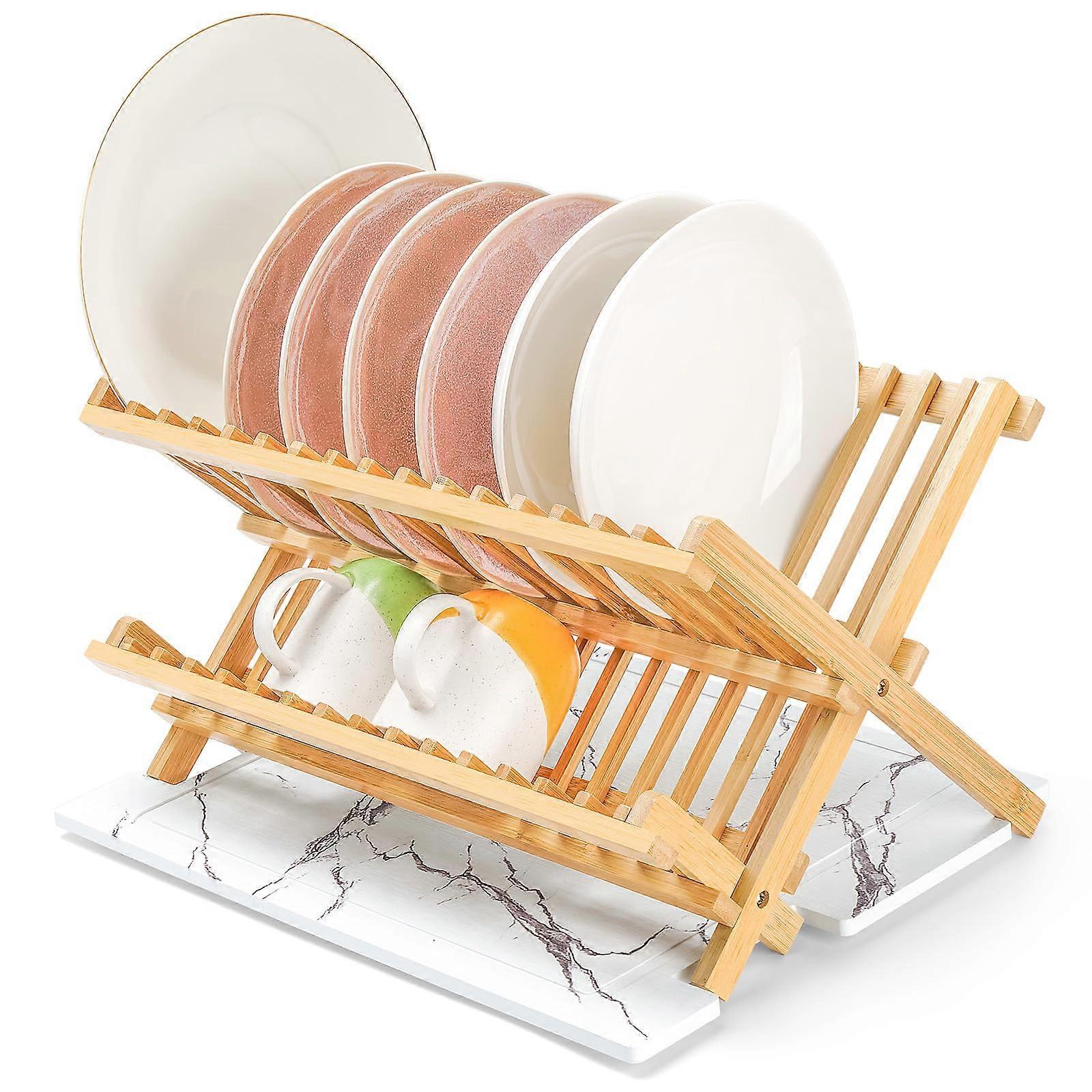 Bamboo Dish Drying Rack with QuickDry Stone Mat, SpaceSaving 2Tier Design for Kitchen Counter
