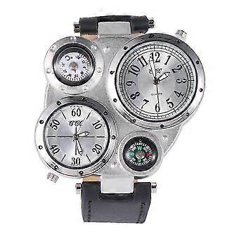 1Pcs Black Double Inserts Genuine Leather Outdoor Sports Thermometer Compass Quartz Watch