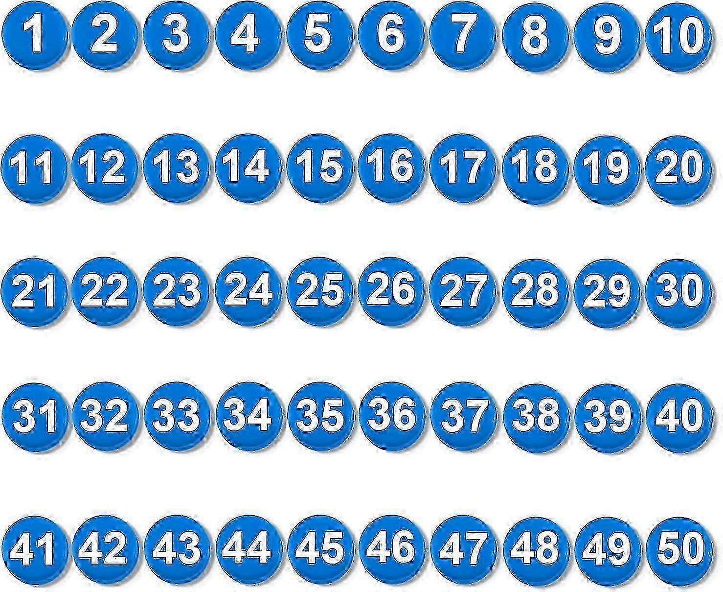 Conjunto de 50 ímãs com números de 1 a 50, 2 cm (0,79 polegadas), multiuso, na cor azul.