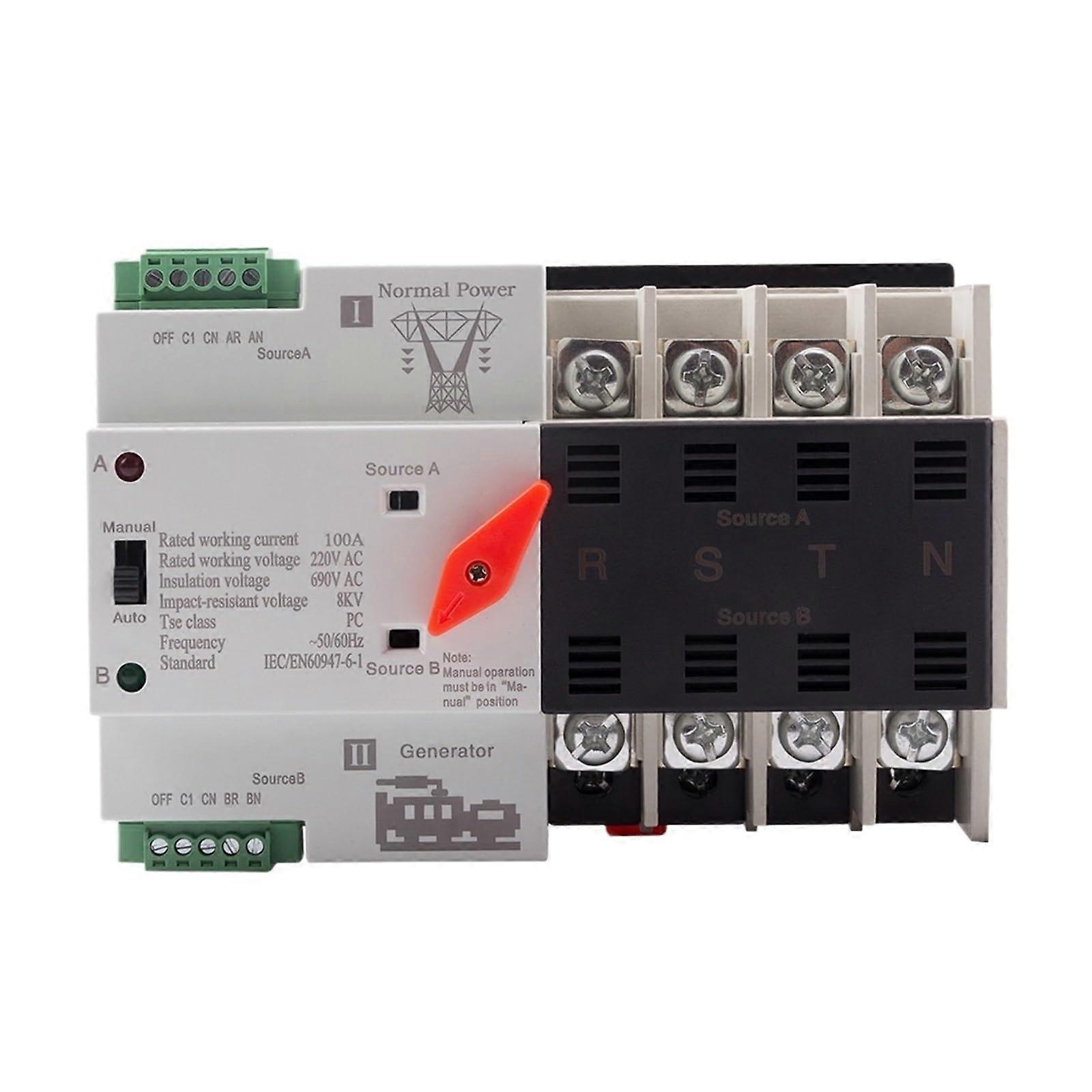 Automatic Transfer Switch ATS100 4P Dual Power Continuous Switching Easy DIN Rail Installation