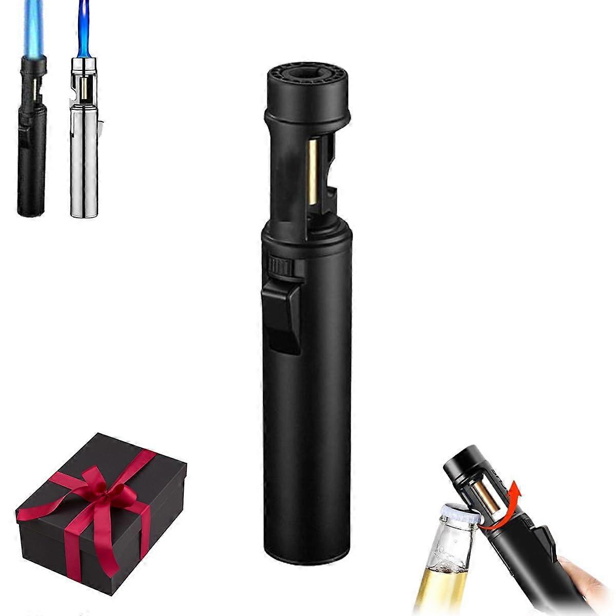 Butane Torch Lighter Windproof Jet Flame Refillable with Adjustable Height and Bottle Opener Black
