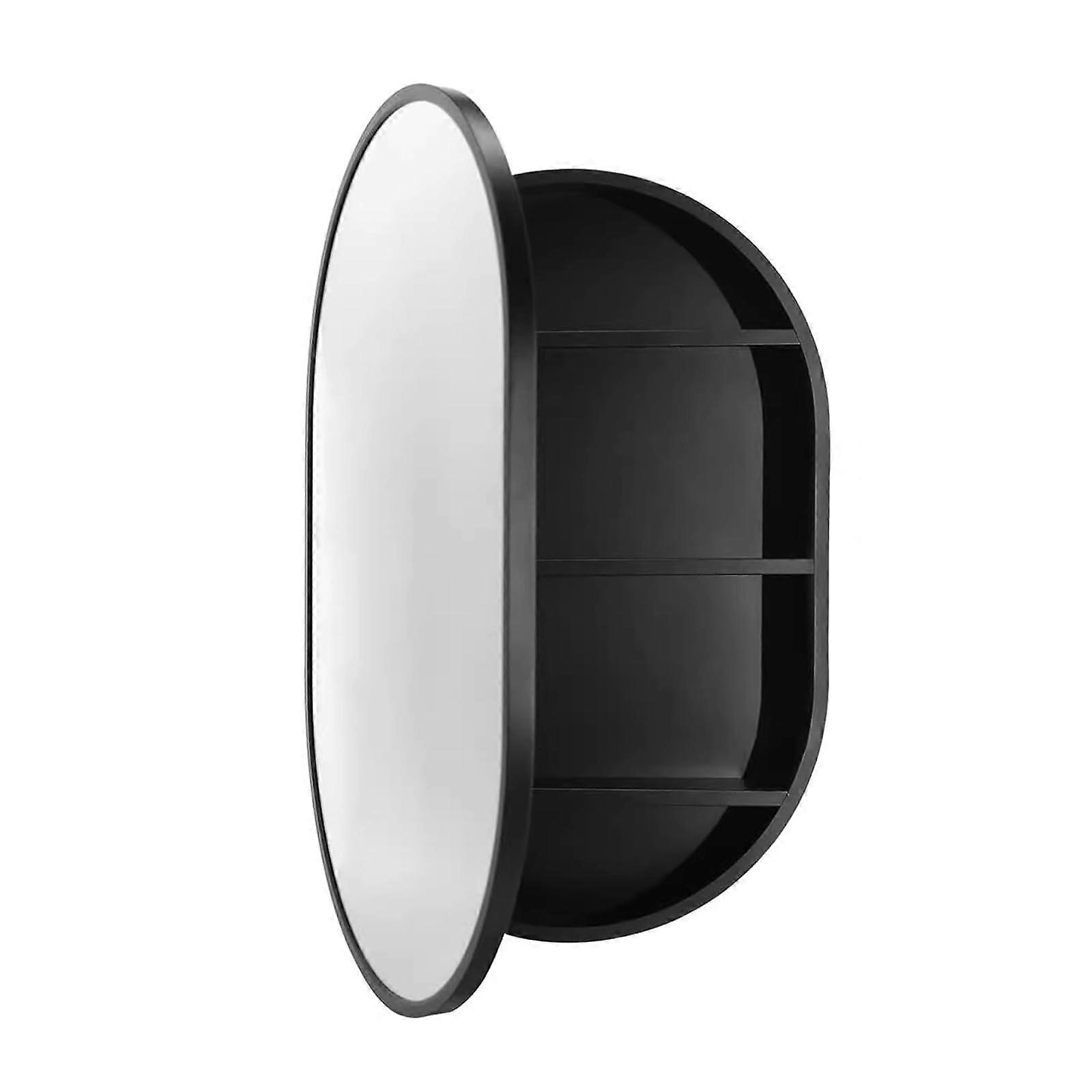 Oval Solid Wood Bathroom Mirror Cabinet Wall Mounted Black SpaceSaving Design for Bathroom