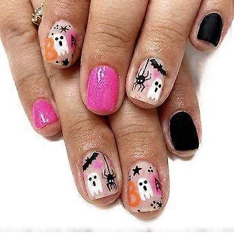 Halloween Press On Nails Short Fake Nails Black and Rose Red Ghost Spider Web Design Reusable Acrylic Nail Kit 24PCS