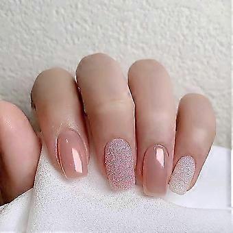 Pink French Chrome Medium Square Press on Nails Set with Glitter Acrylic Full Cover 24pcs