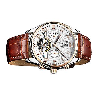 Luxe heren automatische mechanische polshorloge holle echt leer bruin