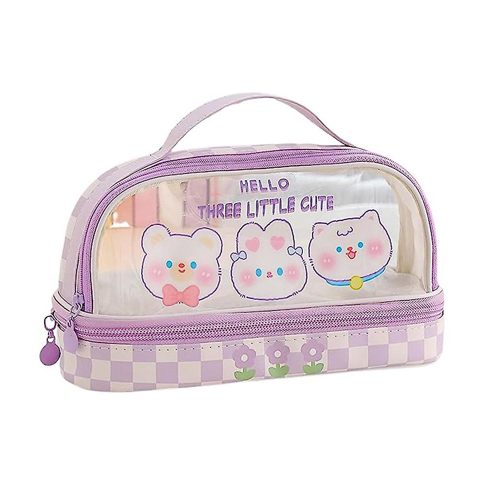 Double Layer Transparent Cartoon Pen Case with Handle Durable Pen Pouch Storage Bag for Adult Children