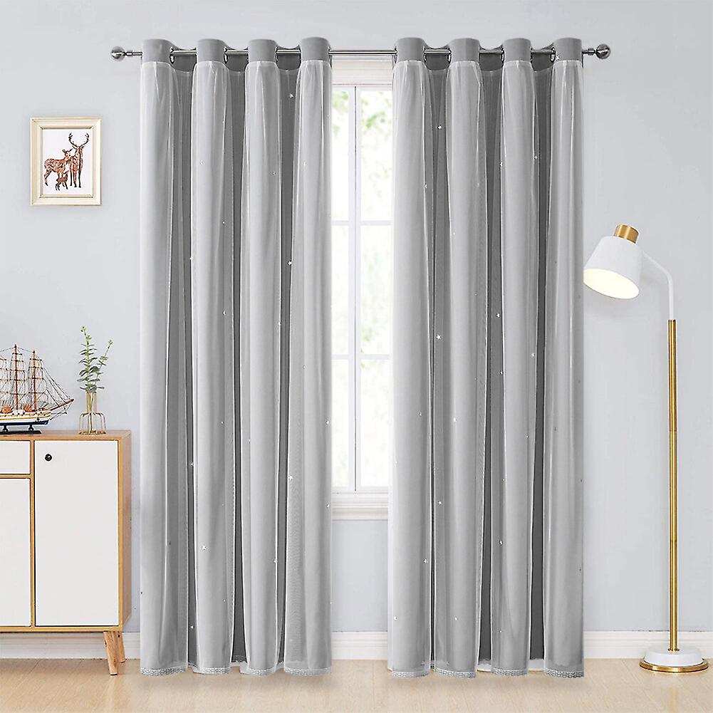 2 Pieces Double Layered Sheer Curtains Blackout Curtains Lace Sheer Curtains Sunshade Star Curtains Solid Color Curtains for Indoor Living Room and Be