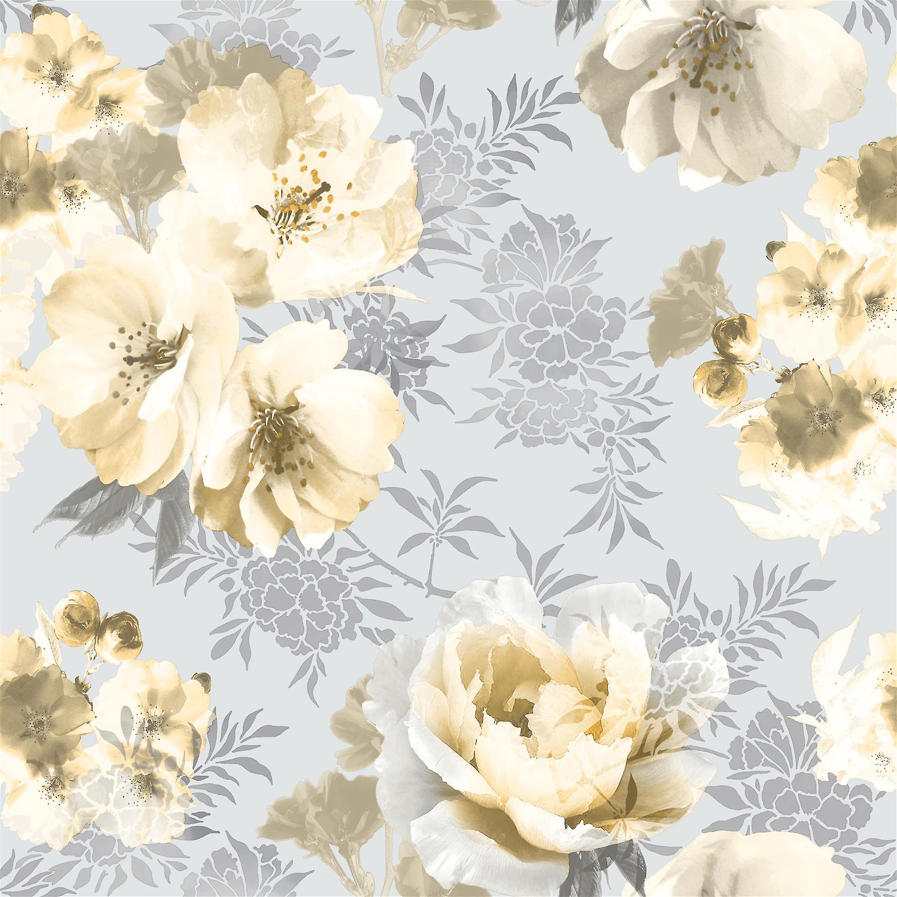 Dramatic Floral Grey Pink Wallpaper