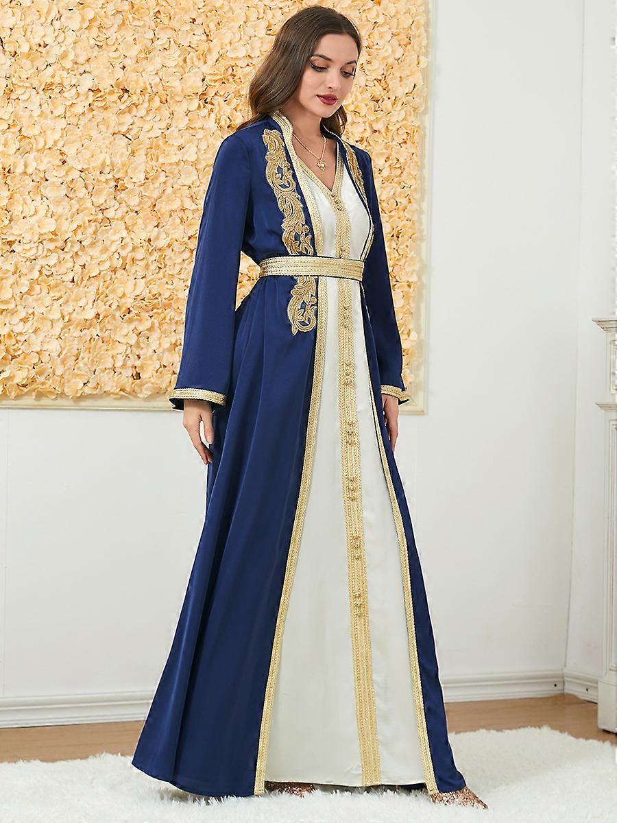 Resnan Muslim Women's Maxi Dress – Moroccan Kaftan Abaya With Embroidery, Arabian Evening Party Gown (Long Sleeve)