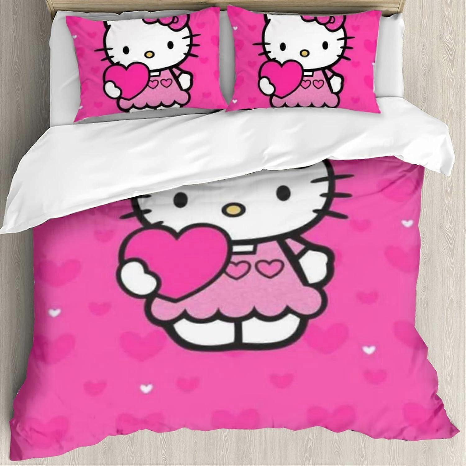 i227 Hello Cat Kitty Rosa Hjerte Tegneseriestil Dynetrekk Sett Bomull Sengetrekk - 3 stk Sengetøy Sett - Jenter Gutter Barn Soverom Sengesett - Hello Cat Kitty 