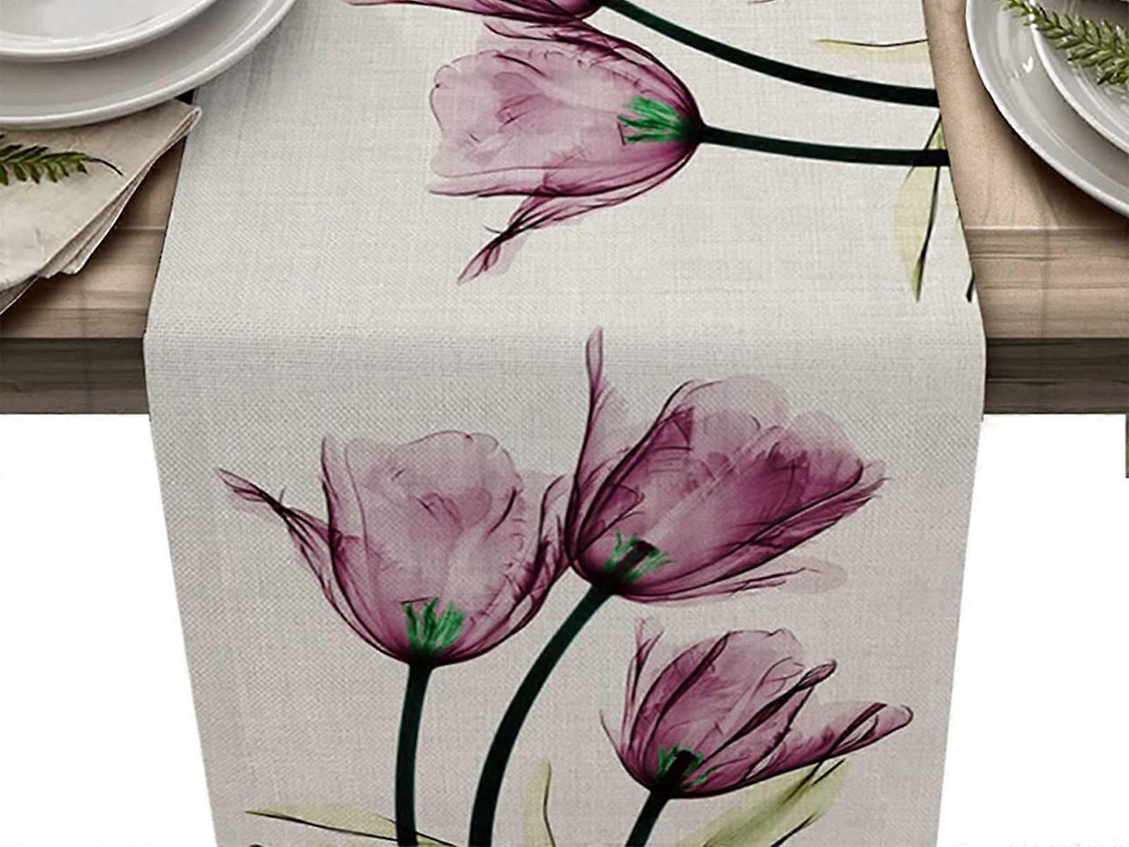 Tulip Flower Linen Table Runner Purple 33x180cm Table Runner