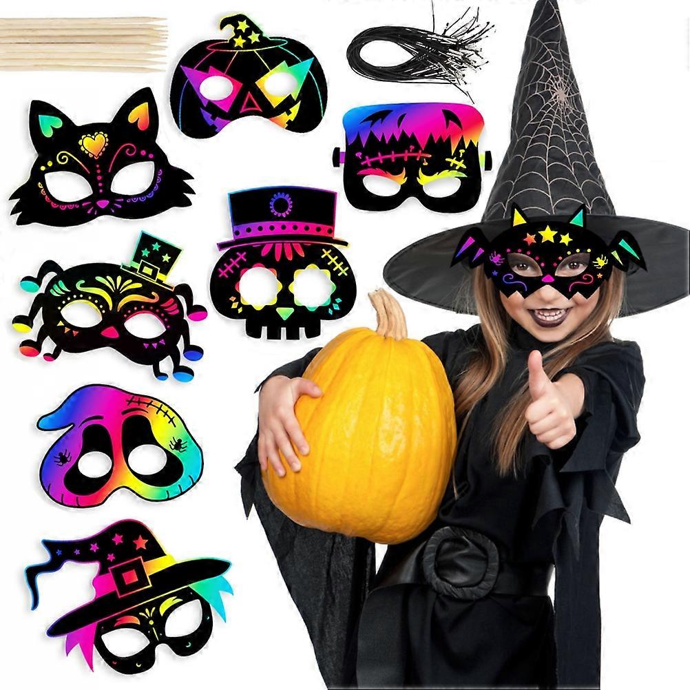 8Pcs Halloween Rainbow Scratch Art Face Covers Skeleton Witch Pumpkin Face Covers Halloween Party Favors Supplies Decorations for Kids