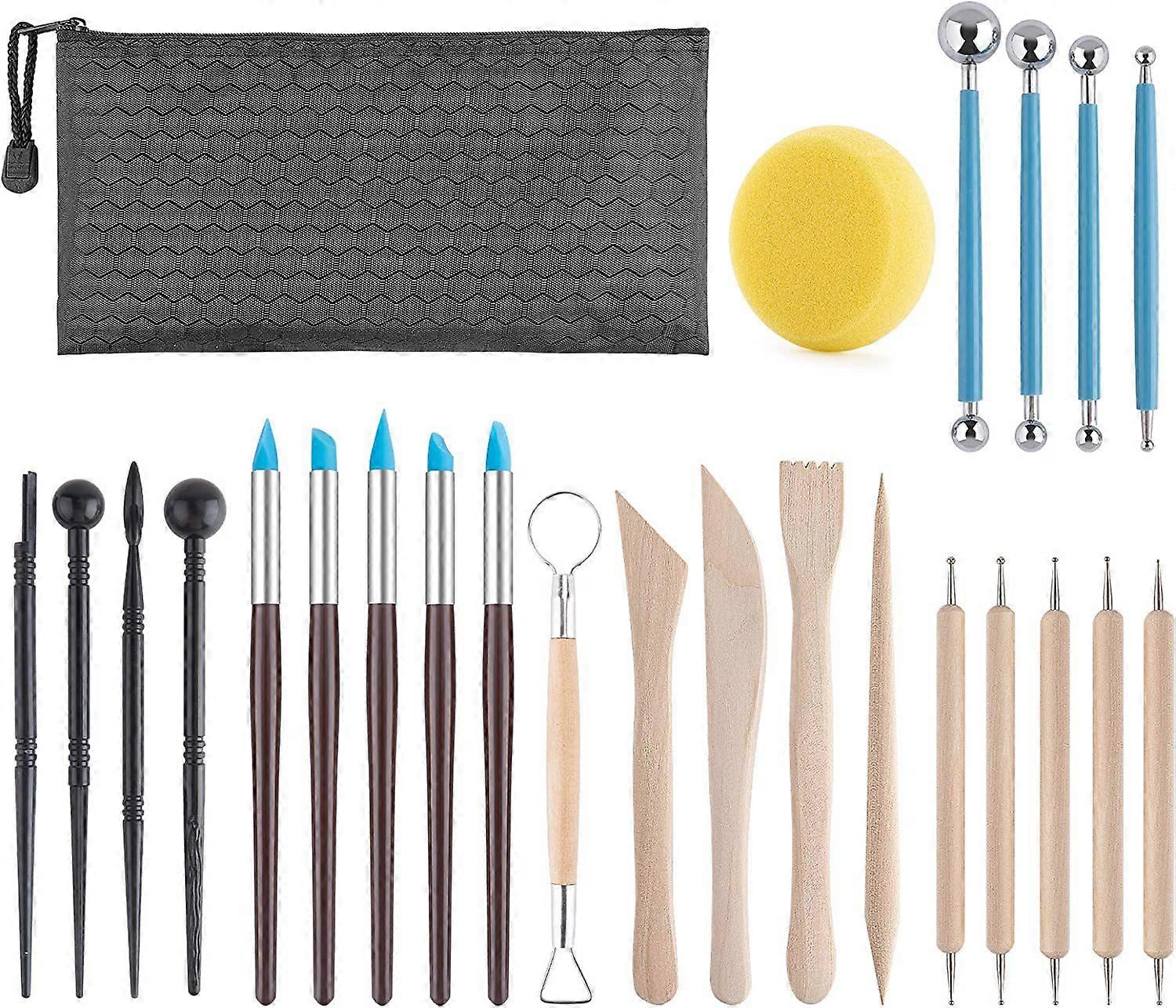 Pottery Tool Kit, 25pcs Polymer Clay Tools, Modeling Clay Sculpting Tools Kit, Ceramics Tools, Trimming, Embossing Pattern, Smooth Wooden Handles