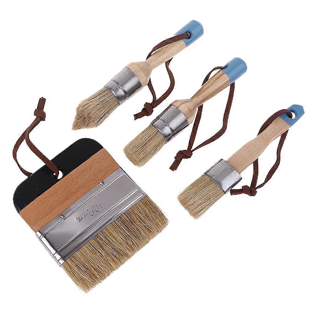 4 Pcs Round Flat Pointed and Wide Chalk Paint Wax Brush Ergonomic Wood Handle Natural Bristle Brushes Furniture Waxing