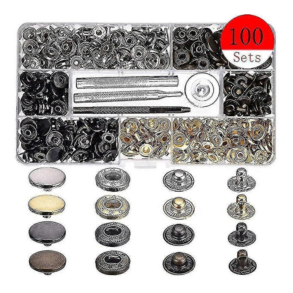 100 Set Snap Fastener Kit Button Tool Press Studs With Fixing Tools For Clothing