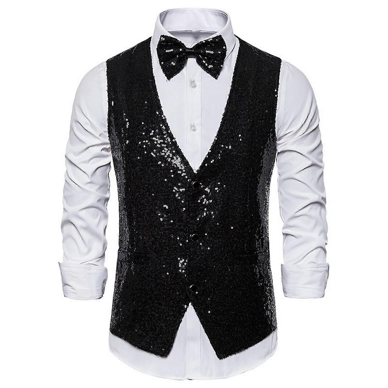 Men Vest Bow Set Shiny Sequin Sleeveless SLim Fit Cardiagn Single-breasted V Neck Stage Show Emcee Performance Men Waistcoat